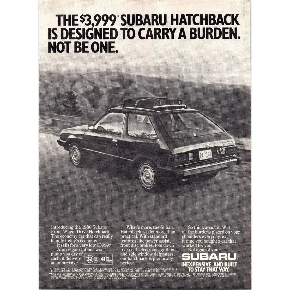 1980 Subaru FWD Hatchback Vintage Print Ad Luggage Rack Vacation 80s Wall Art